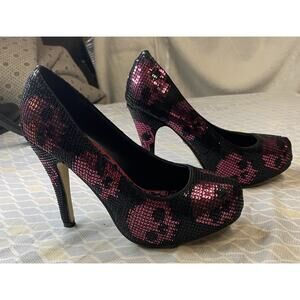 IRON FIST Pink/Black Sequin Satin Skull Platform 4.5” Stiletto Pumps Gothic Sz 7